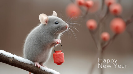 Tiny gray rat holding red lantern amid snowy branches for new year celebration