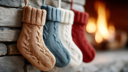 Cozy christmas scene with knit stockings hanging by a warm fireplace for holiday decor
