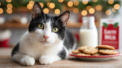 Tuxedo cat relaxing by christmas cookies with festive lights in background