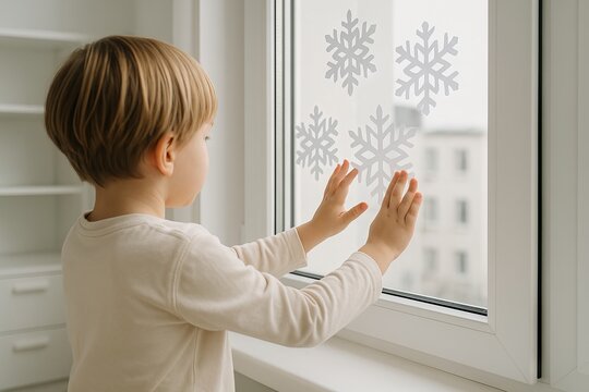 Child decorating window with christmas snowflake stickers at home in winter. concept of holiday decor, creative activity, seasonal fun