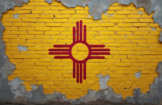 New Mexico flag, Zia symbol on yellow brick wall background with peeling paint. US state patriotic sign. Old wall structure backdrop for politics concept, state government, history.