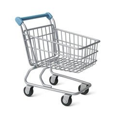 A metallic shopping cart with a blue handle Transparent Background