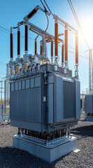 Modern electrical transformer equipment used to raise voltage in a power station, essential for efficient energy transmission. Set under bright daylight, the high-voltage transformers stand as key com