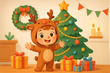 Naklejka premium Cute child dressed in reindeer costume celebrating christmas near festive tree and gifts in cozy living room. concept of holiday cheer, child's costume, christmas celebration
