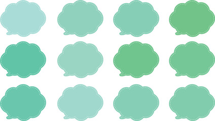All the bubbles have a distinctive, rounded, cloud-like, or scalloped edge design. This vector image features twelve speech bubbles. Speech bubble with a white dashed line inside.