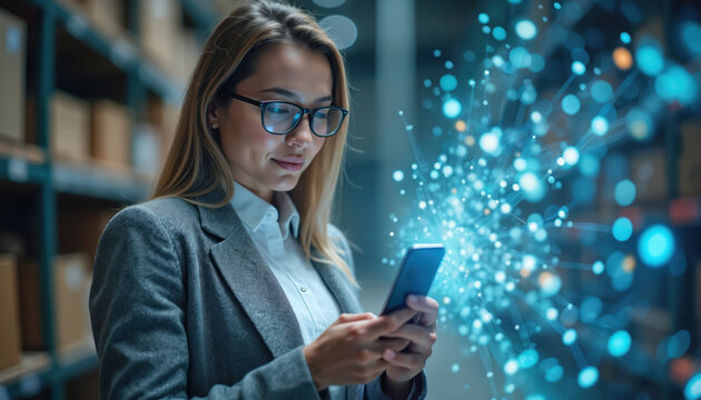Businesswoman uses smartphone, digital connections data transfer. Blurry modern warehouse interior. Blue bokeh lights glow. Woman in glasses, corporate attire, smartphone. Wireless communication, - Powered by Adobe