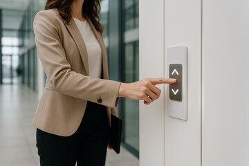 Woman pressing elevator button in modern business office building lobby. concept of business environment, technology, workplace
