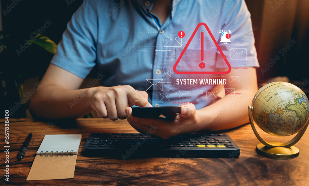Poster serious technology alert with warning notification on smartphone and global context in cozy work env