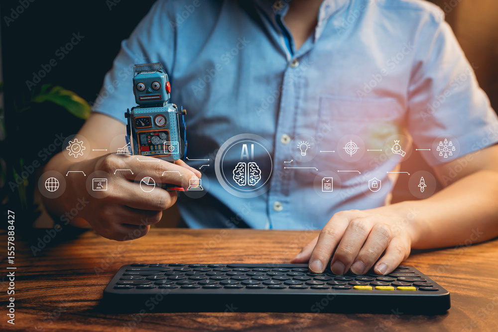 Poster ai concept. creative individual holding vintage robot toy while working on keyboard with ai technolo