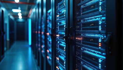 Rows dedicated servers mining Bitcoin in high-tech cryptocurrency farm. Powerful hardware infrastructure for blockchain tech. Data center for Bitcoin mining, crypto network.