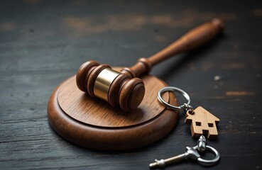 Wooden judge gavel on sound block, house key chain. Legal concept real estate auction, property division, court, justice, law. Wooden background symbolizes decision, ownership, justice, legal action.