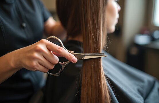 Hairdresser cuts long hair with scissors in beauty salon. Woman client at hairstyle procedure. Hair tips trimmed. Close-up of stylist hands cutting strands. Beauty treatment for healthy hair.