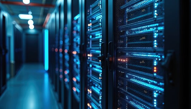 Rows dedicated servers mining Bitcoin in high-tech cryptocurrency farm. Powerful hardware infrastructure for blockchain tech. Data center for Bitcoin mining, crypto network.