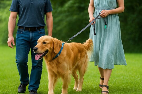 Man and woman walking a golden retriever dog on lush green lawn in outdoor park. concept of pet companionship, outdoor activity, leisure walk in nature.