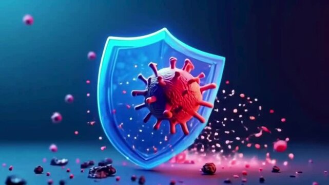 Shield protects against virus, demonstrating immune system defense and healthcare technology for medical research and pharmaceutical innovation in disease prevention.