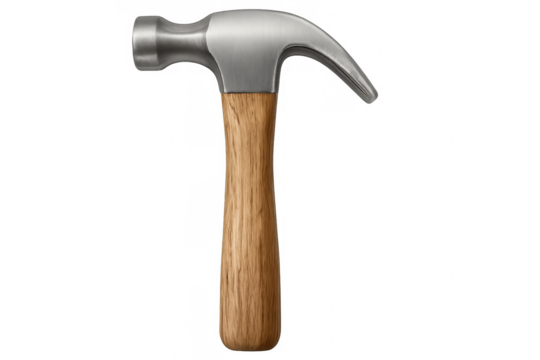 Steel claw hammer with wooden handle isolated on transparent background, ready for use in construction and diy projects