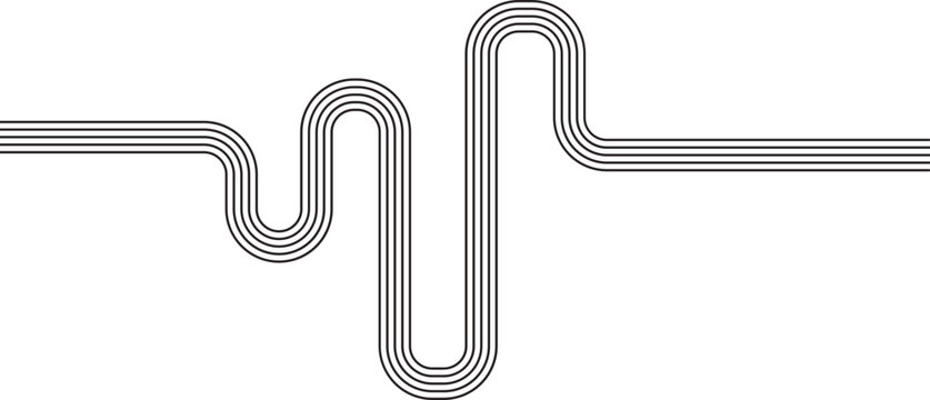 Abstract shape formed by intertwined curved paths defined by five concentric and evenly spaced parallel line contours.