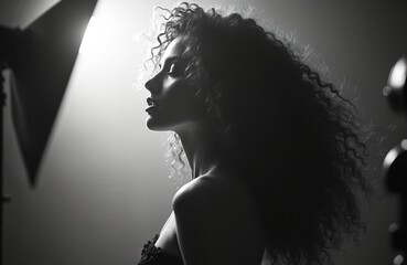 Beautiful model in studio during photoshoot. Dramatic light and shadow portrait. Glamour shot features elegant curly hair, profile view. Professional makeup and styling.