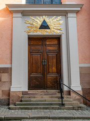 Ornate entrance to St Nicholas Cathedral in Stockholm