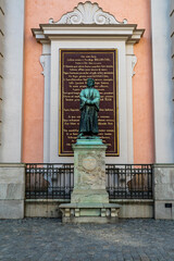 Statue and memorial plaque at St Nicholas Cathedral in Stockholm