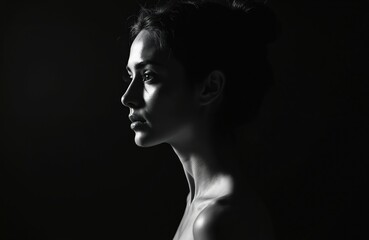 Naklejka premium Dramatic black white studio portrait young Italian woman. Dark background, side profile, expressive face. Portrait shows elegant female beauty, mood, sensuality. Art photo, high contrast lighting,