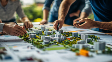 A group of real estate developers gathered around a table, engaged in strategic discussion over city scale models, architectural plans, and financial charts. The scene highlights urban planning, inves