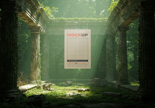 Vertical Poster Mockup on Altar Mystical Ruins