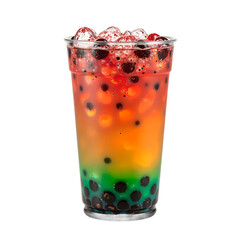 Vibrant taro bubble tea with black pearls in a clear cup Refreshing and eye catching drink on white background