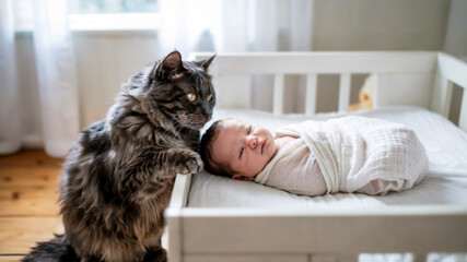 Cat near baby in crib, concept of first meeting, jealousy and care