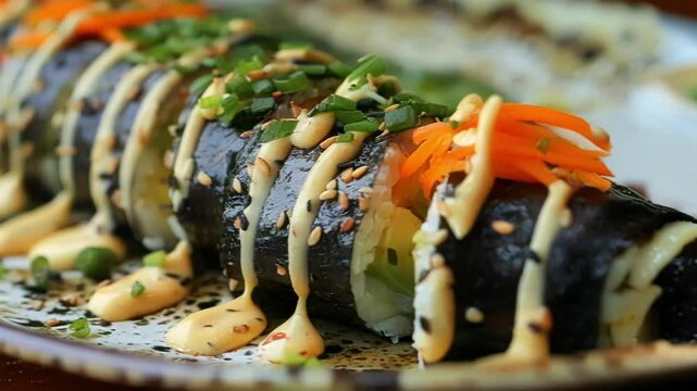 Delicious close up of vibrant kimbap with fresh ingredients. A healthy and flavorful korean dish. Perfect for a meal or snack. Presented beautifully on a plate. Ready to enjoy at home or a restaurant