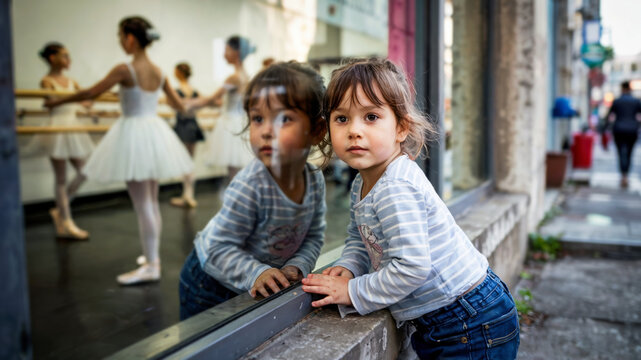 Overweight 7-year-old girl standing outside ballet studio, watching slender dancers practicing through the window, expression full of longing, concept of aspiration