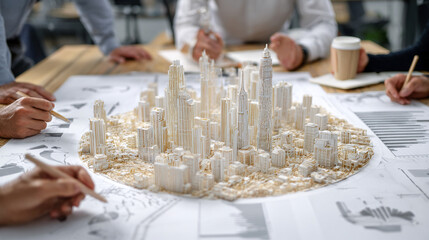 A group of real estate developers gathered around a table, engaged in strategic discussion over city scale models, architectural plans, and financial charts. The scene highlights urban planning, inves