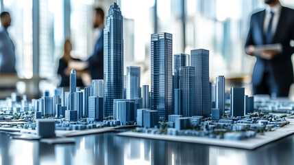 A group of real estate developers gathered around a table, engaged in strategic discussion over city scale models, architectural plans, and financial charts. The scene highlights urban planning, inves