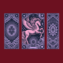 the wind carries stories of pegasus, each card drawn in vintage vector silence