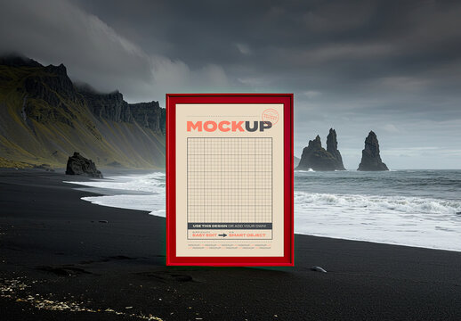Vertical Red Frame Poster Mockup Stand on Volcanic Beach