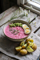 Rustic Presentation of Cold Beet Soup with Cucumber, Egg, and Dill, Served with New Potatoes on a Wooden Table