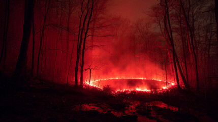 An eerie dark forest enveloped in thick red fog, centered around a glowing fiery ritual circle burning intensely on the ground. The scene evokes mystery, occult themes, and supernatural energy, blendi