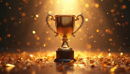 Golden trophy on dark blurred background with confetti. Award cup represents victory competition winner achievement. Champions celebrate success. Award ceremony and winning concept.