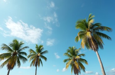 Obraz premium Jerivá palm trees against blue sky with clouds. Tropical plants, decorative palm trees. Nature landscape, sunny day, relax on vacation. Summer vibes, perfect background.