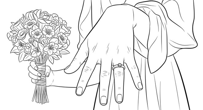 Bride showing her engagement ring while holding a bouquet of flowers, symbolizing love and commitment