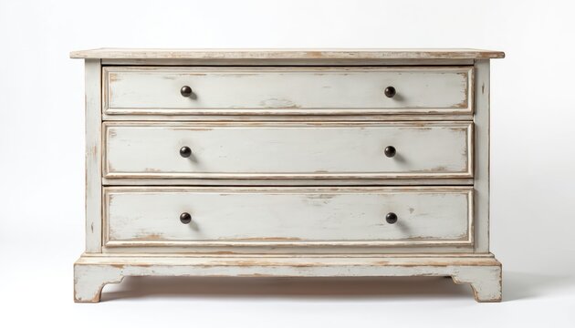 Vintage white wooden dresser with three drawers on white background. Rustic style, distressed finish furniture. Decorative antique chest for interior design. Retro home decor design.