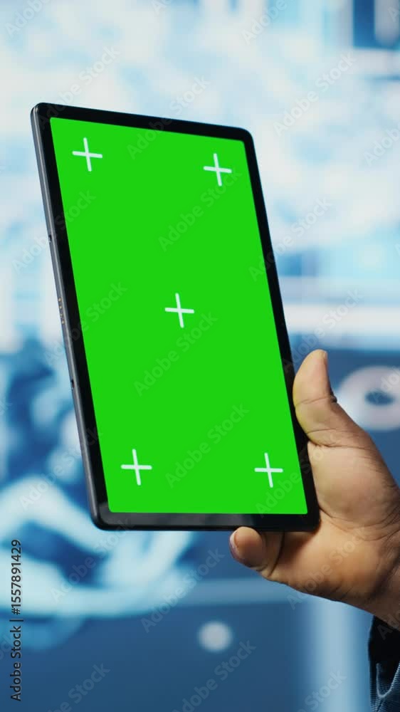 Poster vertical video black it specialist examining algorithmic data next to chroma key, using tablet in a 