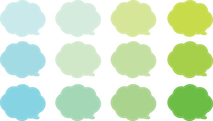 All the bubbles have a distinctive, rounded, cloud-like, or scalloped edge design. This vector image features twelve speech bubbles. Speech bubble with a white dashed line inside.