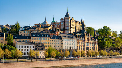 Stockholm hillside cityscape with historic buildings and waterfront