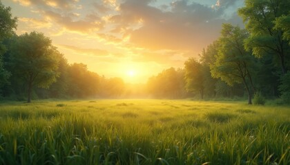 Obraz premium Verdant summertime forest sunrise sunset illustration. Golden sunlight rays shine through trees, creating peaceful scene. Majestic scenic vista of idyllic landscape, full of natural beauty, radiant