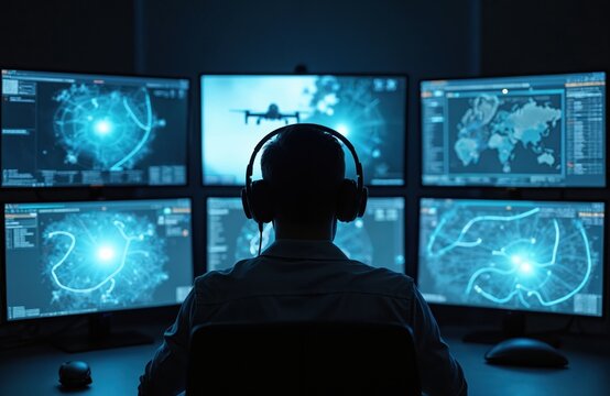 Operator in control room monitors drone strike. Headset, multiple screens show surveillance data. Military mission, warfare technology, defense concept, air force, strategy, digital intelligence.