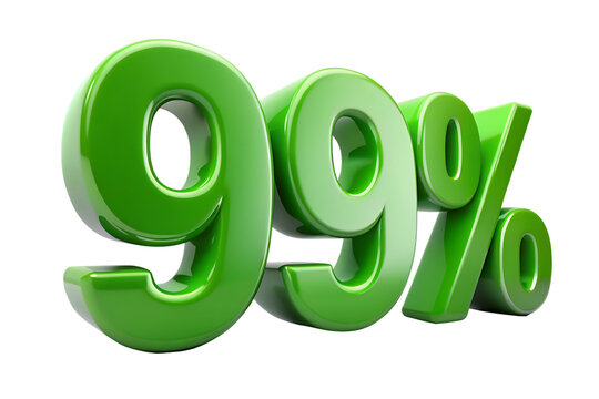 Shiny green 3d ninety nine percent symbol with reflections isolated on a transparent background 99 percent