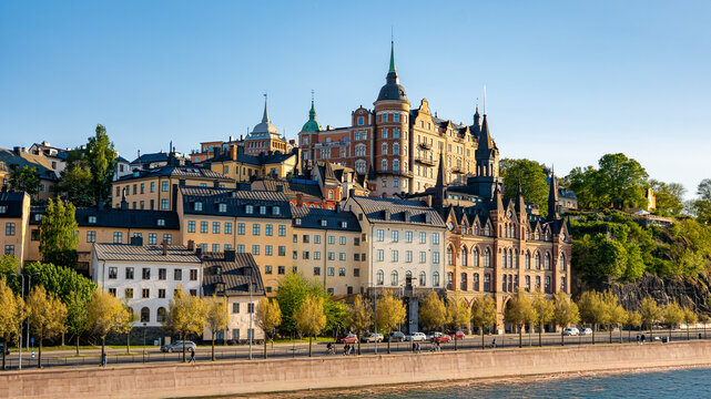 Stockholm hillside cityscape with historic buildings and waterfront