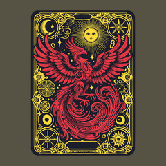 a fire bird rises in silence, its phoenix form captured in ornate vector for sacred card lore