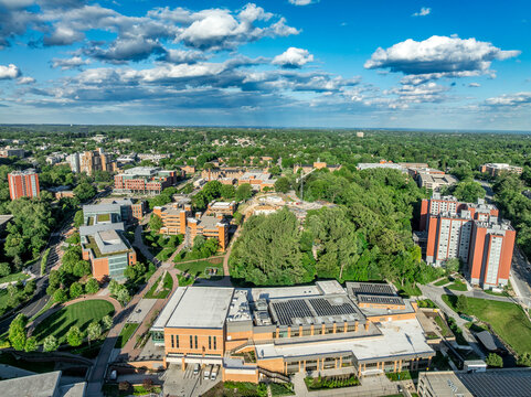 Aerial view of Burdick Hall, college of liberal arts, sport fields at Towson University in Maryland